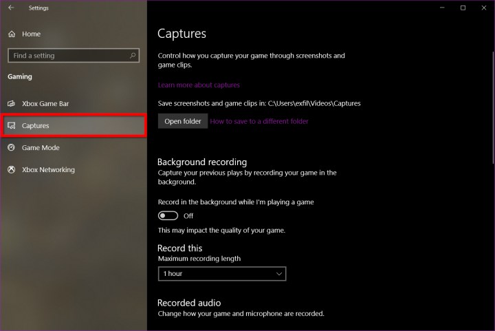 Captures section in Windows 10 Settings.