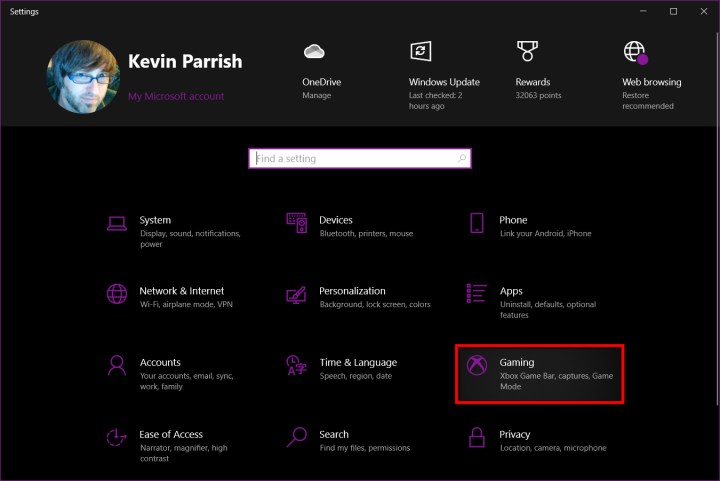 Selecting Gaming option in Windows 10 Settings.