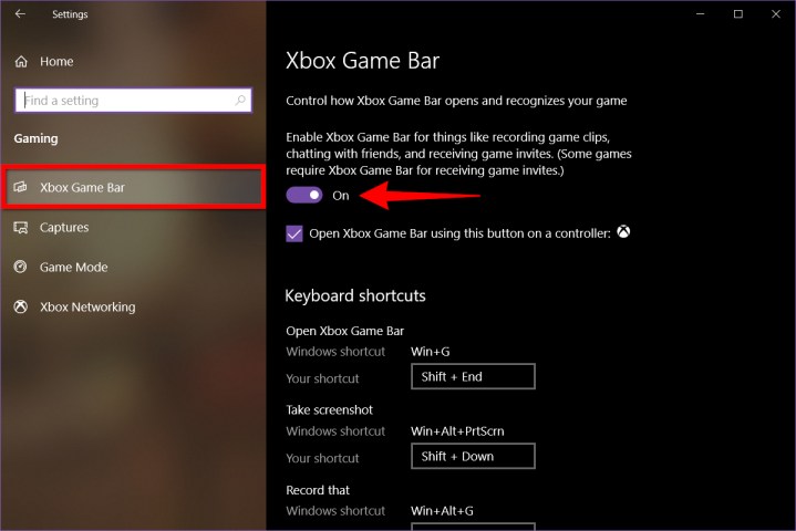 Windows 10 Settings Xbox Game Bar.