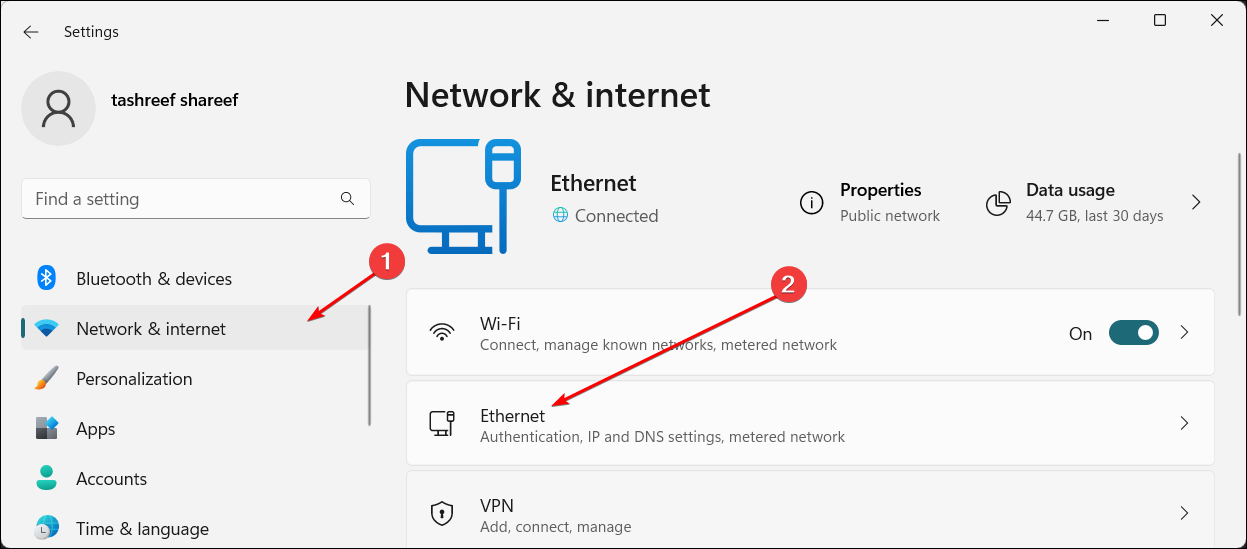 Windows 11 Settings app showing the Network & internet screen.