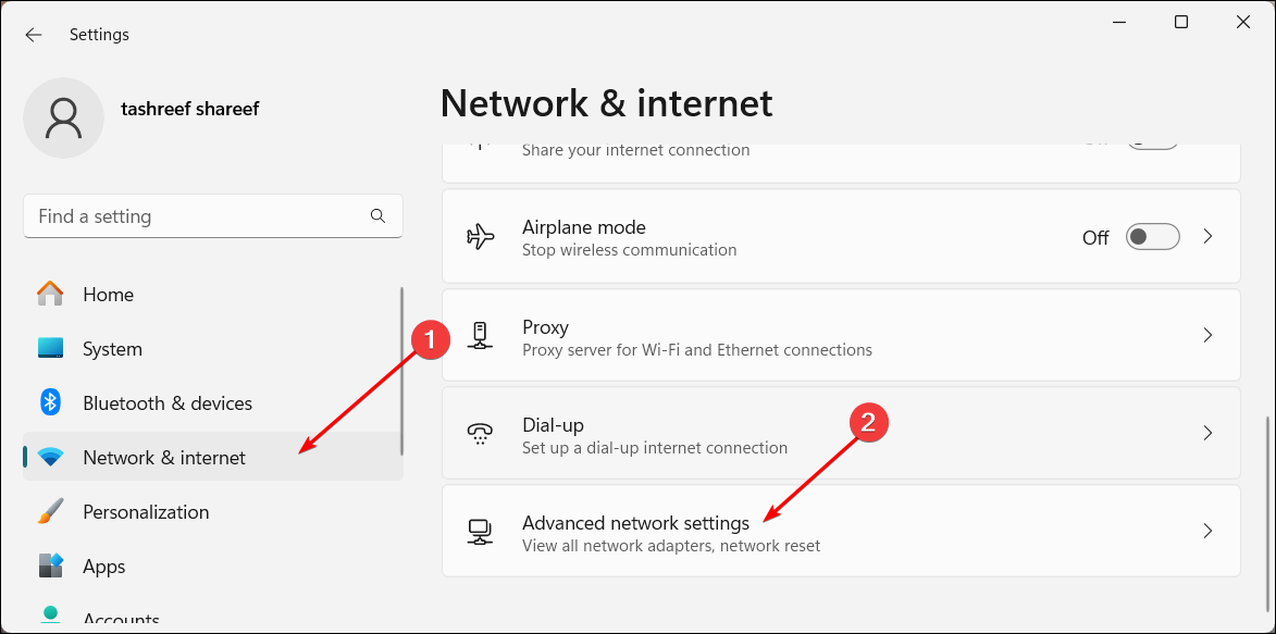 Windows 11 Settings app showing the Advanced network settings option.