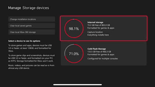 Xbox dashboard showing connected storage devices.