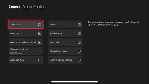 Xbox dashboard showing available video modes.