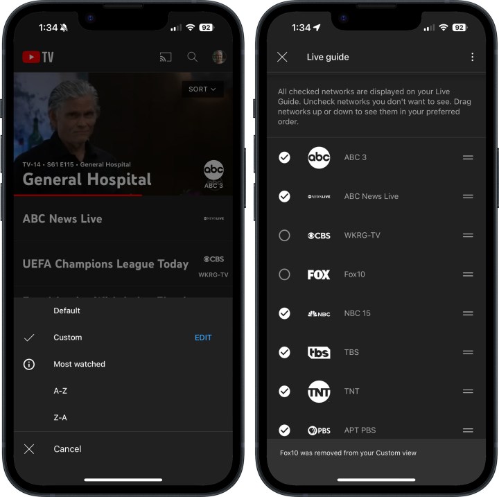A custom channels sort on YouTube TV as seen on an iPhone.
