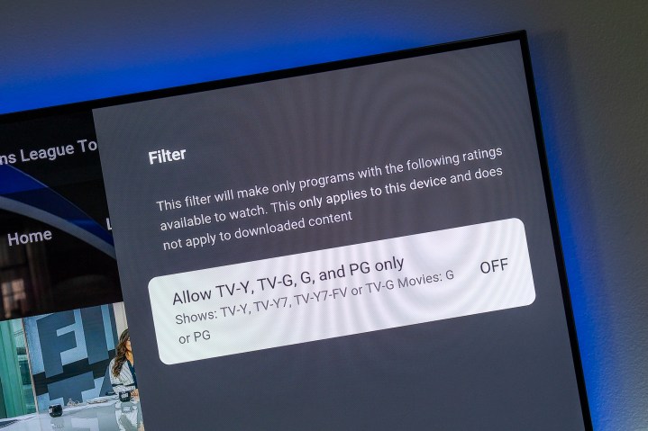 YouTube TV content filter on a TV.