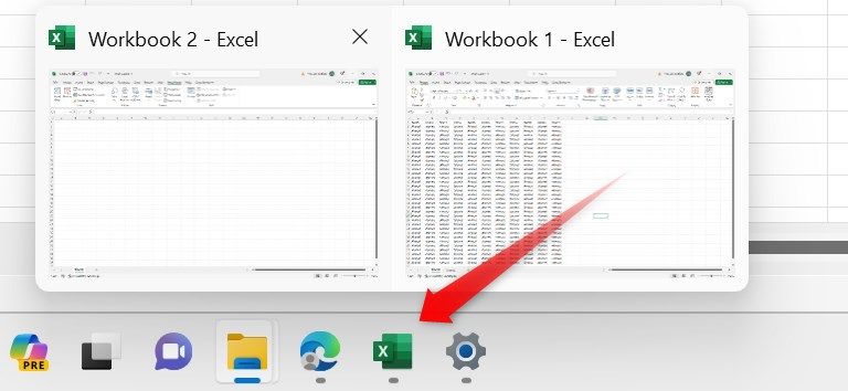 Hovering over the Excel icon in the taskbar to check other open windows.