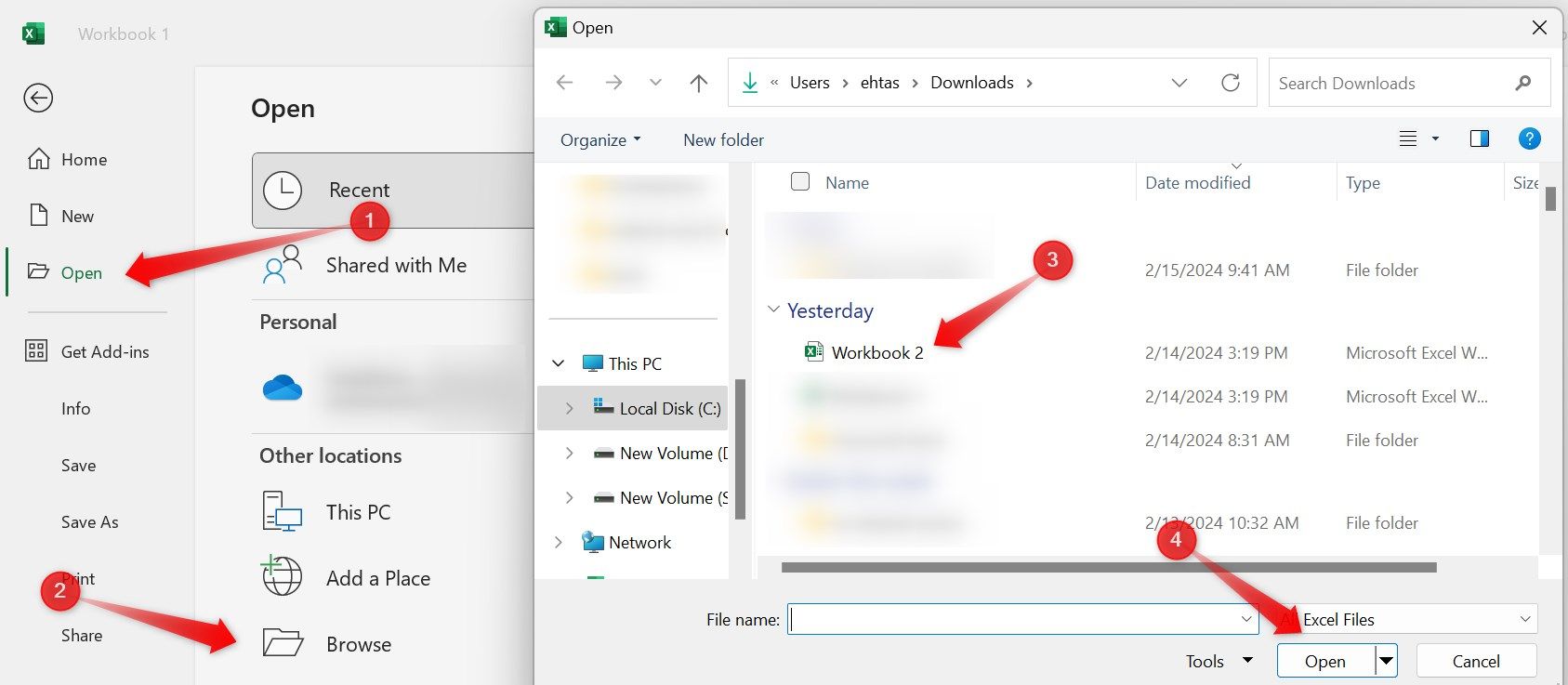 Opening an Excel file directly from Microsoft Excel.