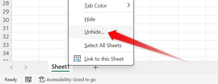 Opening the window to check hidden Excel sheets.