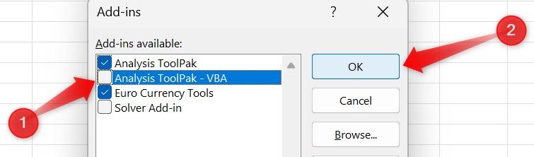 Disabling an add-in in Microsoft Excel.