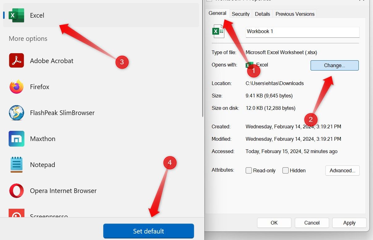 Selecting Excel as the default app to open the spreadsheet files.