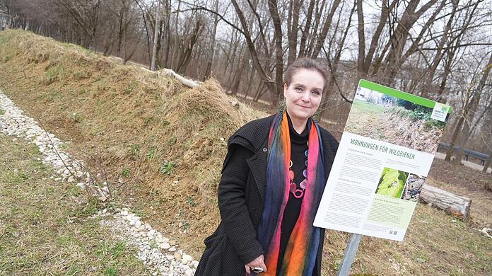 Münchens grüne Baureferentin Jeanne-Marie Ehbauer, hier vor einem Wildbienenhügel im Prinz-Eugen-Park, wünscht sich viele neue Bäume, auch in der ziemlich betonlastigen Fußgängerzone in der Altstadt.