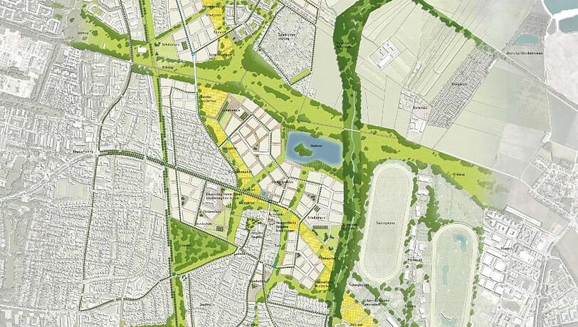 So sieht der Übersichtsplan für den neuen Stadtteil im Nordosten aus. 30.000 Menschen hätten hier Platz.