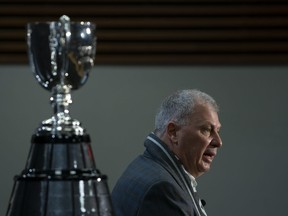 CFL Commissioner Randy Ambrosie delivers his annual state of the league address at a media conference in Hamilton, Ont. on Tuesday, November 14, 2023.