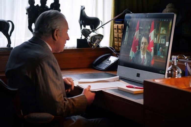 King Charles speaks to Prime Minister Justin Trudeau via videolink during a virtual audience, at Buckingham Palace, in London