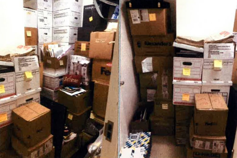 Two side-by-side images of cardboard boxes stacked high with yellow post-it notes on many of them.