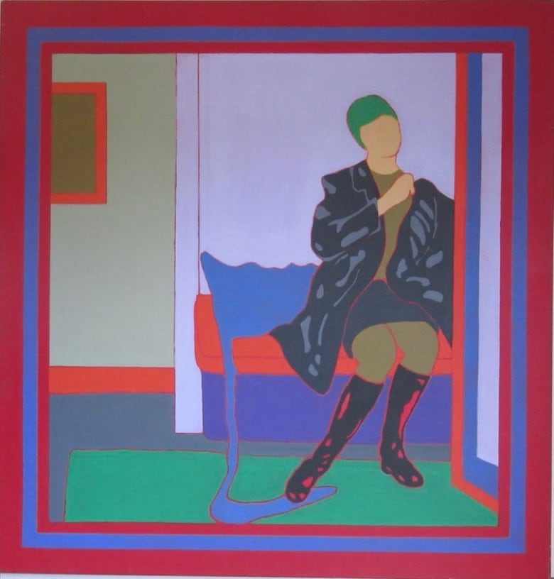 A painting of a faceless figure wearing a black coat and boots sitting on a bench, with vibrant colours. 