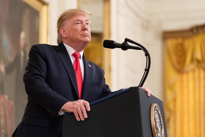 Former President Trump offering remarks in the East Room of the White House. 