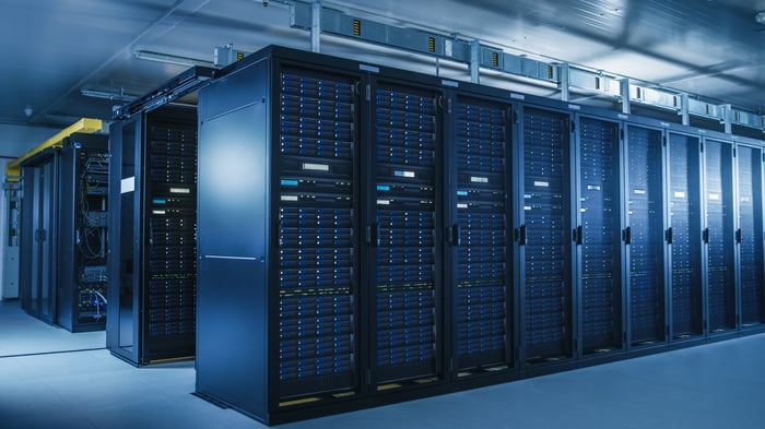 A data center server room of parallel computing towers.