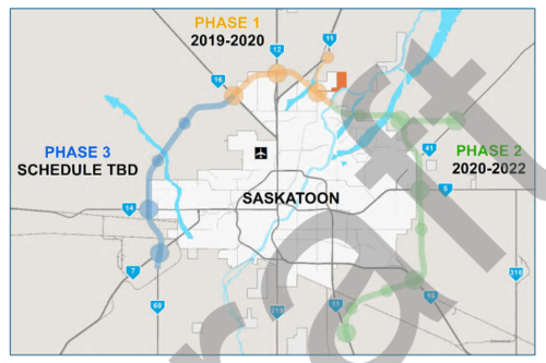 A map of the proposed freeway in Saskatoon and the different phases involved as part of the phase two functional design report.