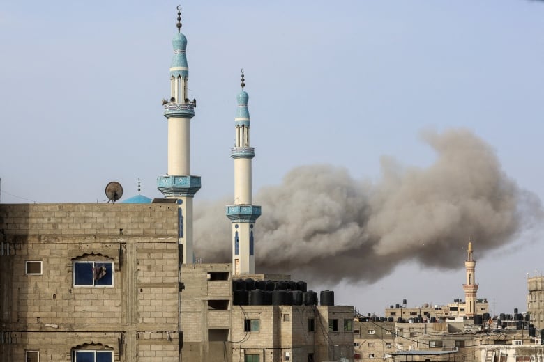 Smoke rises following an Israeli strike, amid the ongoing conflict between Israel and the Palestinian Islamist group Hamas, in Rafah, in the southern Gaza Strip, March 27, 2024.