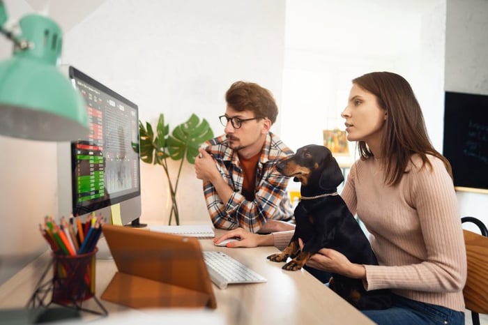 Two young adults with a dog trade crypto together on a desktop computer at home.