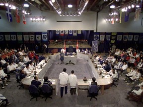 The creation of Nunavut was part of a land-claim settlement and was the first major change to Canada's map since Newfoundland and Labrador joined Confederation in 1949. The interim legislature of Nunavut is seen during the swearing in ceremony for members of the legislature on the day of the creation of the territory, in Iqaluit, Nunavut on April 1, 1999.