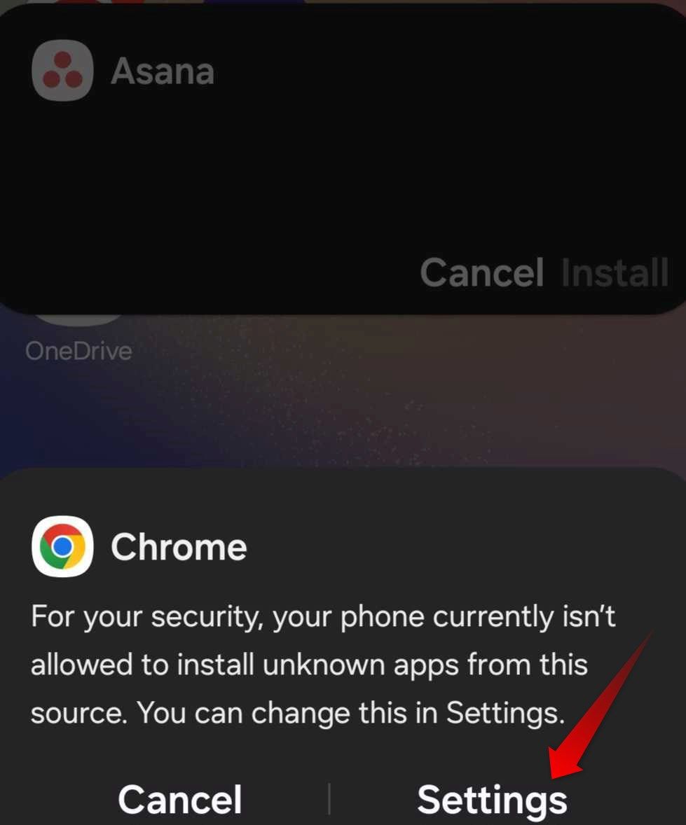 Opening the Android settings to enable permission for installing unknown apps.