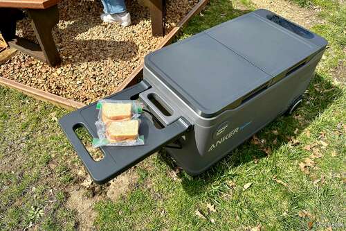 Anker EverFrost Dual-Zone Powered Cooler 50 on grass with sandwiches on extended tray table