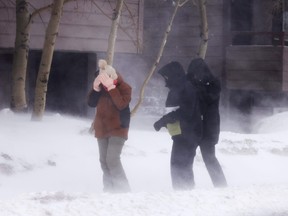 People cover their faces while walking in the snow in Mammoth Lakes, Calif., on March 1, 2024.