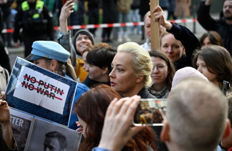 Yulia Navalnaya, centre, widow of the late Kremlin opposition leader Alexei Navalny, arrives at a rally in Berlin.