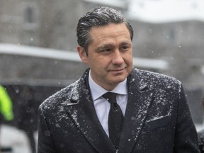 Pierre Poilievre, Leader of the Official Opposition of Canada, arrives at the State funeral for former Canadian Prime Minister Brian Mulroney at Notre-Dame Basilica in Montreal, Canada, on March 23, 2024.