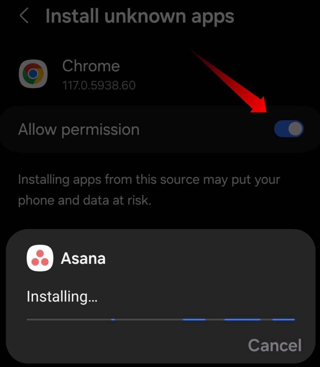 Enabling the permission for installing Android apps from unknown sources.