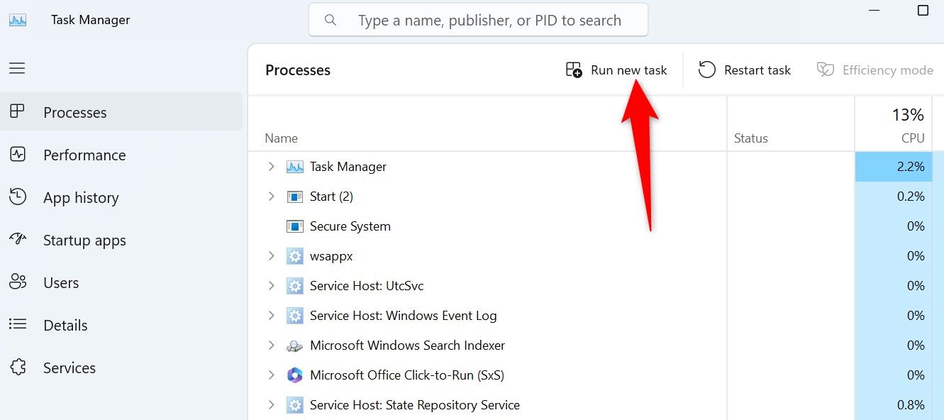 'Run New Task' highlighted in Windows 11's Task Manager.