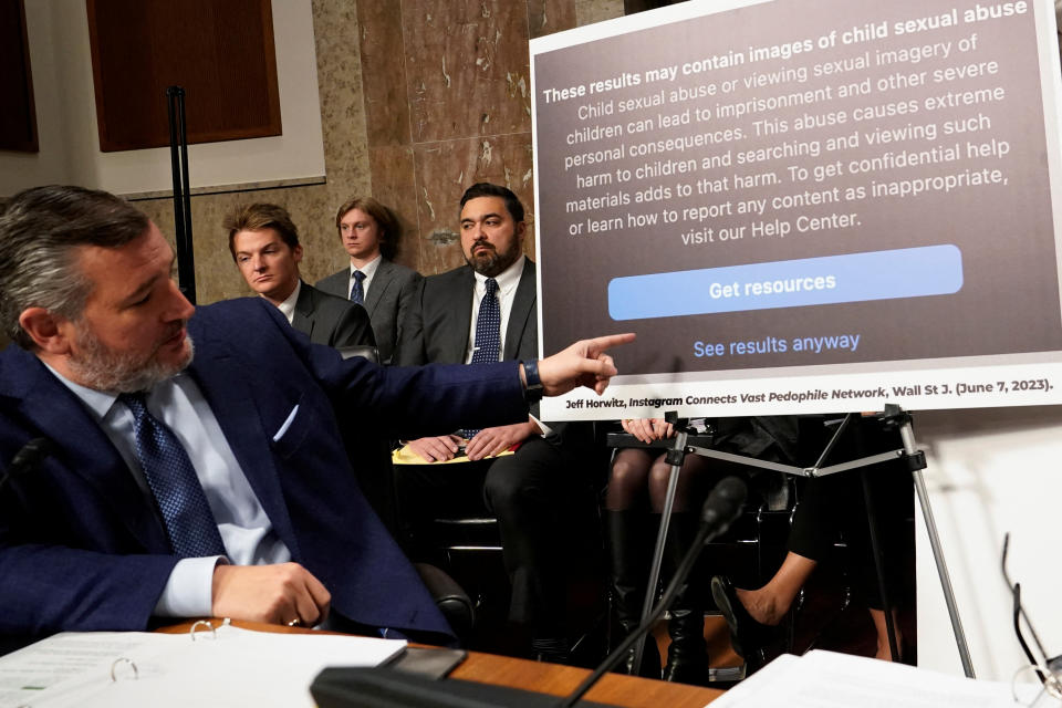 U.S. Senator Ted Cruz (R-TX) points as he speaks, during the Senate Judiciary Committee hearing on online child sexual exploitation at the U.S. Capitol in Washington, U.S., January 31, 2024. REUTERS/Nathan Howard