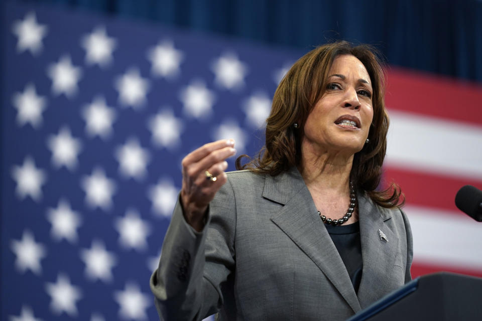 Vice President Kamala Harris delivers remarks during a campaign event with President Joe Biden in Raleigh, N.C., Tuesday, March 26, 2024. (AP Photo/Stephanie Scarbrough)