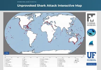 Eine interaktive Karte zeigt, wie sich nicht-provozierte Haiangriffe über den Globus verteilen.