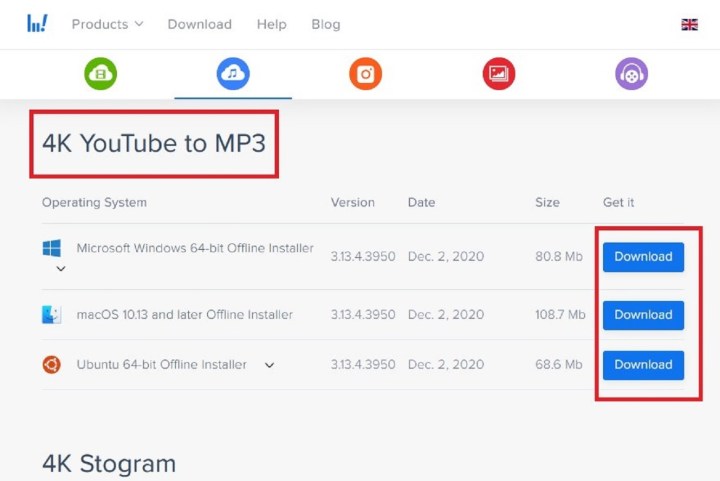 The download buttons for installing the 4k YouTube to MP3 desktop app.