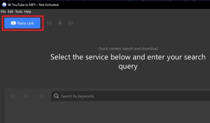 Selecting the Paste Link button on the 4k YouTube to MP3 desktop app.