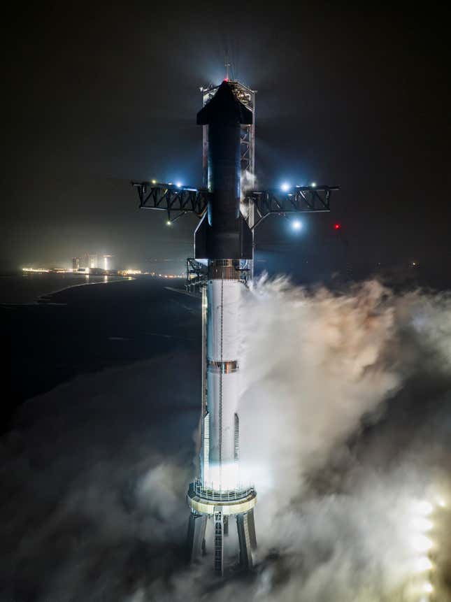 The Starship rocket during its wet dress rehearsal on Sunday night.