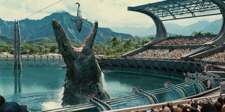 A dinosaur eats a shark in Jurassic World