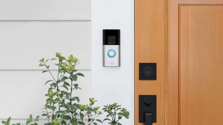 The Ring Battery Doorbell Plus installed outside a front door.