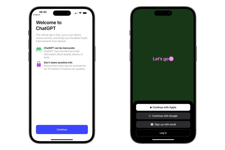 ChatGPT on iPhone welcome and sign-in screens.