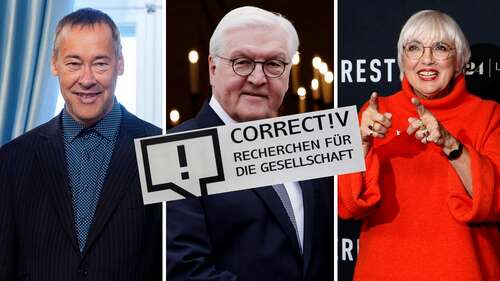 Finanzielle Förderer und Unterstützer von „Correctiv“ (v.l.n.r.): Thomas Krüger, Chef der Bundeszentrale für politische Bildung, Bundespräsident Frank-Walter Steinmeier und Kulturstaatsministerin Claudia Roth (Grüne).