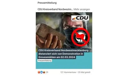 Mit einem martialisch wirkenden Bild hat die CDU Nordwestmecklenburg die Teilnahme an der Demonstration für Demokratie in Grevesmühlen abgesagt. Die Christdemokraten erklären, die Demo werde "von linksextremen Kräften, wie der "Antifa" genutzt, um gegen alles Rechts der Mitte Stimmung zu machen".