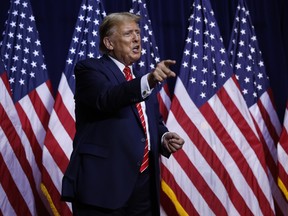 Republican presidential candidate and former U.S. President Donald Trump leaves the stage at the conclusion of a campaign rally at the Forum River Center in Rome, Ga., Saturday, March 9, 2024.