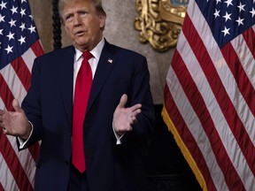 Republican presidential candidate, former president Donald Trump speaks in the library at Mar-a-Lago on March 4, 2024 in Palm Beach, Fla.