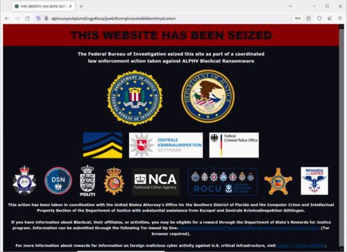 Fake FBI banner on ALPHV ransomware data leak site