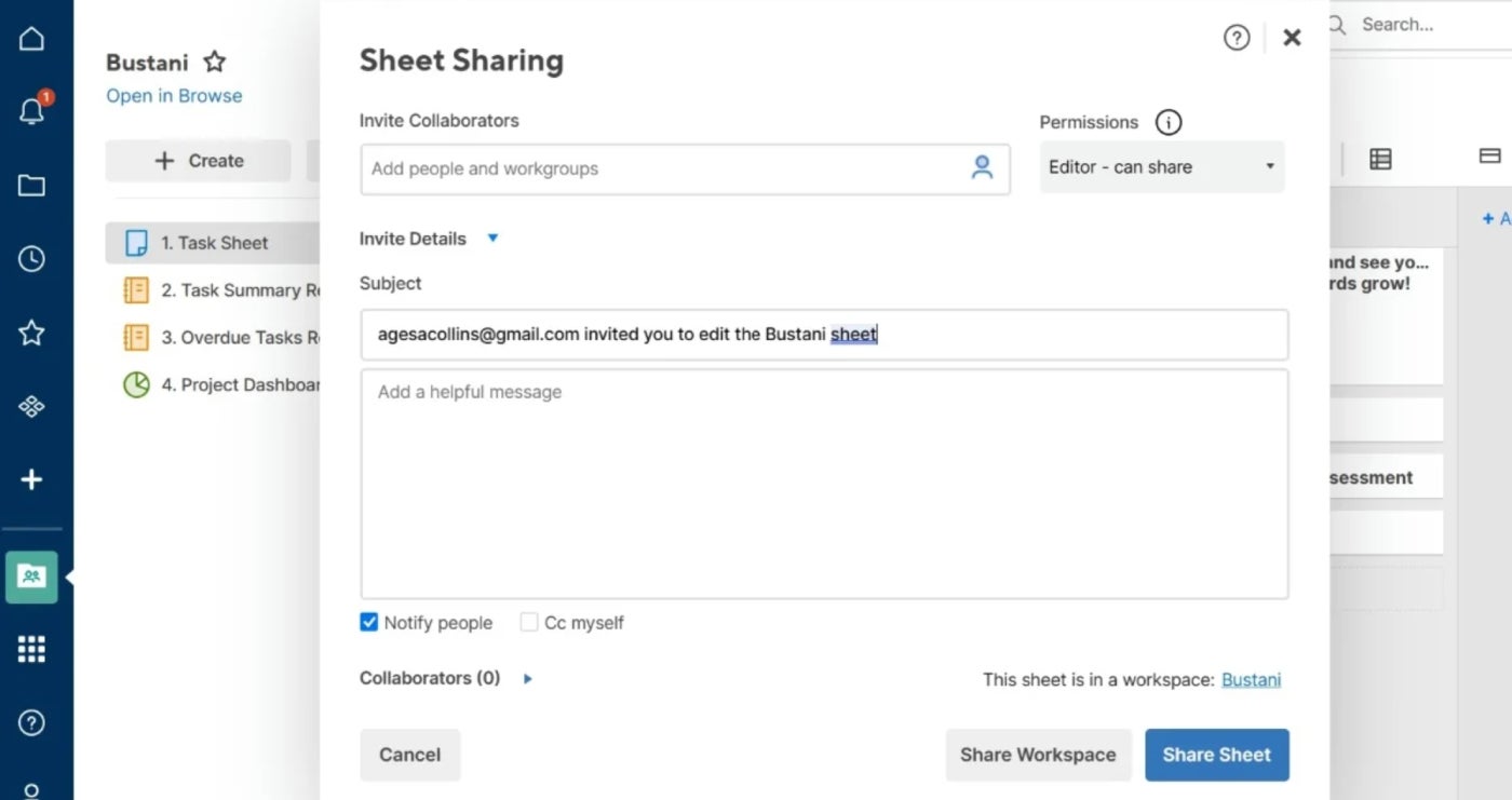 Inviting collaborators in Smartsheet.