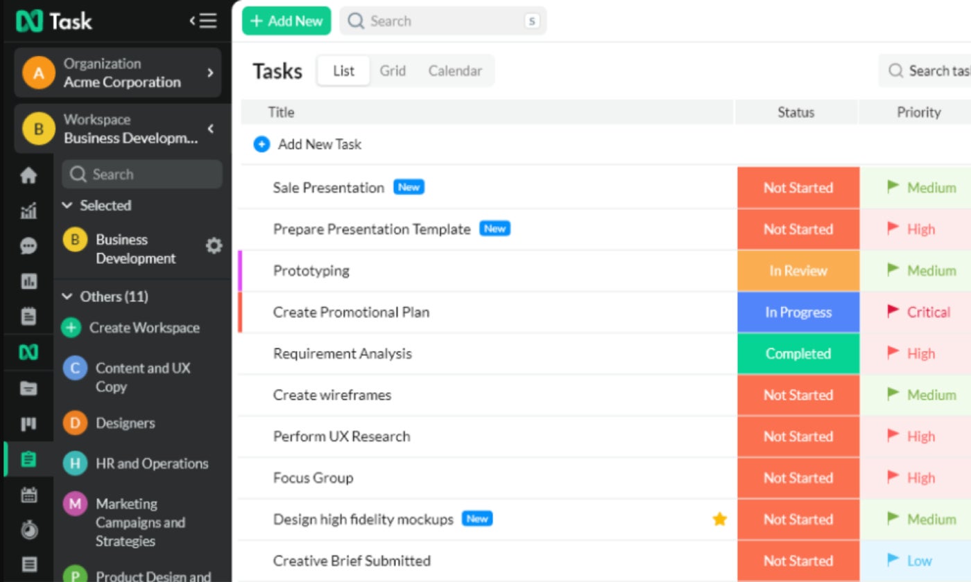 nTask color codes project statuses for easy updates.