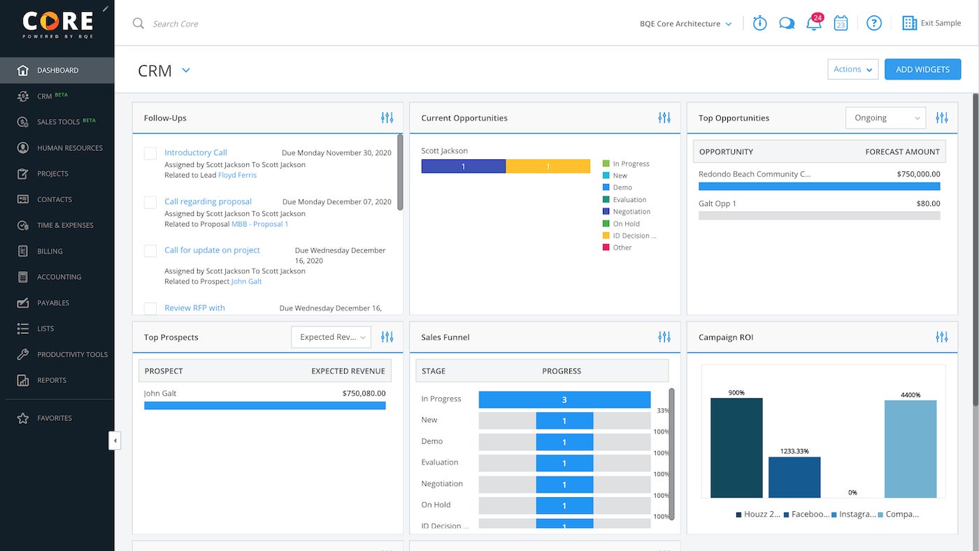 BQE Core project management dashboard.